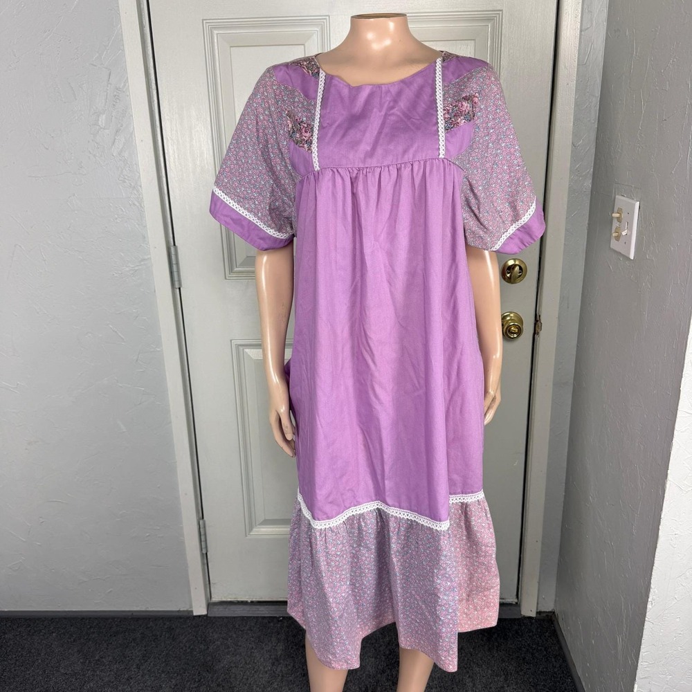 Vintage 70s Liberty House Muumuu Dress Cotton Patchwork Lace Floral Hawaiian M24